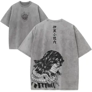 Vintage Limited Obanai Iguro T-Shirt – Demon Slayer | Front Print Serpent Tsuba Sword Guard Graphic & Back Print Obanai with Snake Kaburamaru Artwork | Unisex Sizes S-3XL Anime Manga Mineral Wash Cotton Shirt | Streetwear Gift for Anime Fan & Anime Lover