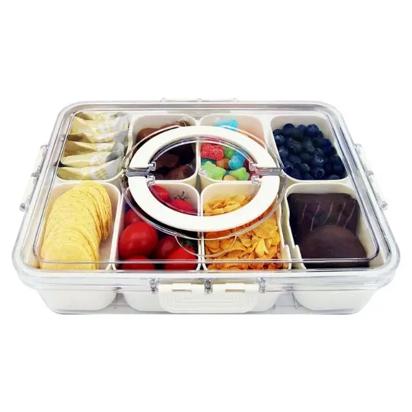 Phthalate-Safe Transparent Plastic Food Container Set, Stackable Leak-Proof Kitchen Organizer with Handle & Removable Divided Tray to Sort Bites by Type, Ideal for Party Candy & Nuts