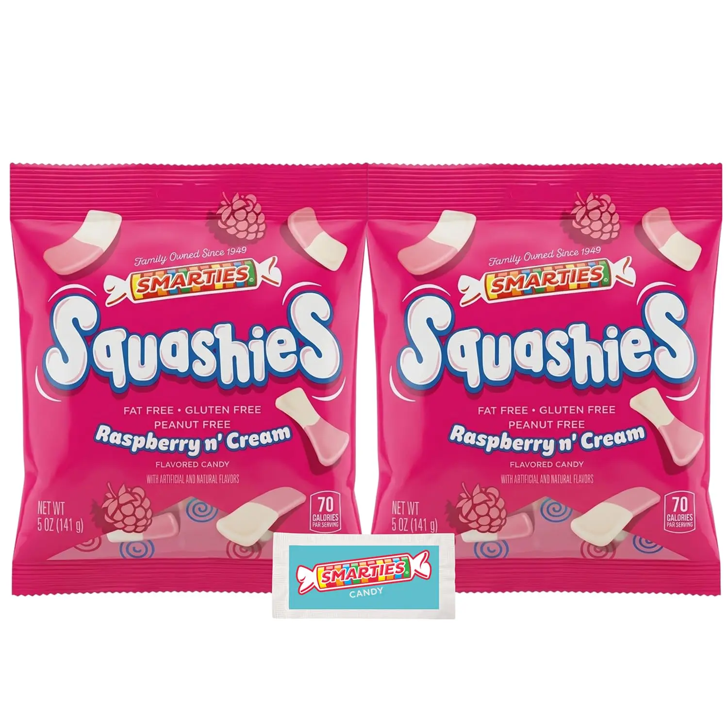 Smarties Squashies Foam Marshmallows Gummy Candies & Smarties Sample Packet Variety Pack - Raspberry & Cream Flavored - Allergen Free, Peanut Free & Gluten Free Candy - Soft & Chewy Squashies Candies - 5 oz Bag (Pack of 2)