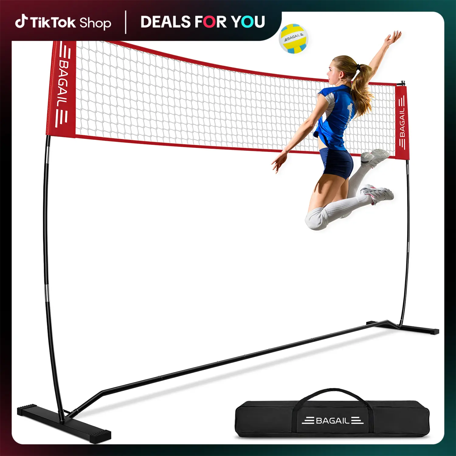 【SummerSale】BAGAIL Volleyball Net, 12ft/20ft Portable Volleyball Net for Backyard - Adjustable Height, Heavy-Duty Frame, Freestanding Design - Portable Outdoor/Indoor Volleyball Set with Carry Bag family sport tiktokshopbacktoschool