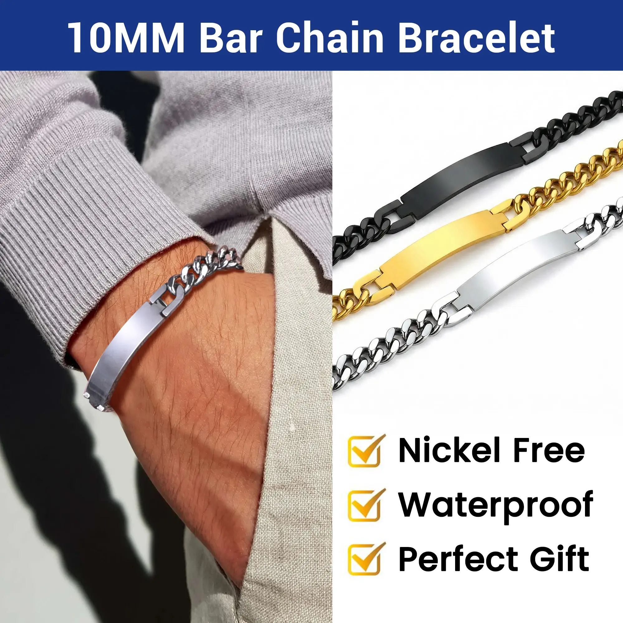 PROSTEEL 10MM Bar Chain Bracelet Stainless Steel ID Bracelets Unisex For Men Women Gift Box