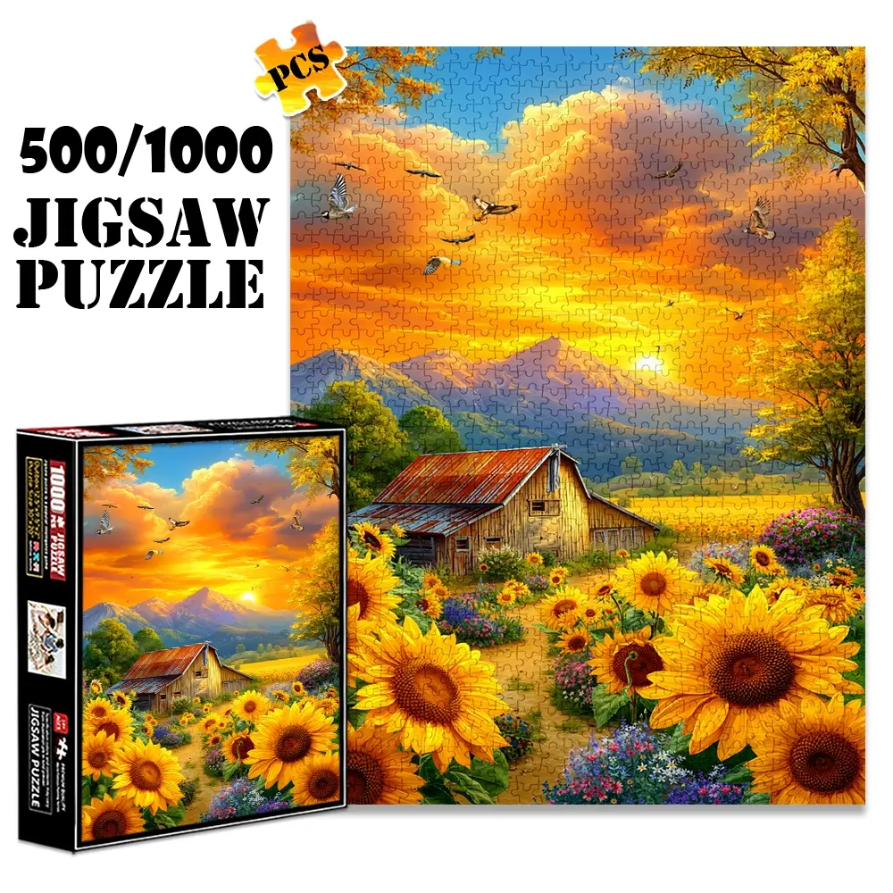 1pc 1000 piece adult puzzle 70x50cm Sunset Farm with Sunflowers, Barn and Flying Birds 500 pieces paper jigsaw puzzle suitable for DIY creative games for adults and families, birthday and holiday s Crafts, Art Puzzles Gift, Puzzle Art Gift