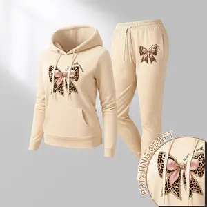 Women's Leopard Bow Print Hoodie And Drawstring Track Pants Set, Casual Sportswear, Long-Sleeved Hooded Jacket And Pants, Suitable For Autumn And Winter, Everyday Wear, Indoor And Outdoor Sportswear, Sportswear Set, Casual Sportswear.