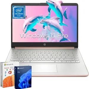 HP Ultra-Thin Everyday Laptop Notebook -Intel Celeron N150 Windows 11 Pro up to 16GB RAM, 128G eMMC,256GB MSD, Intel Quad-Core CPU, 14" Anti-Glare HD Display, Webcam, Long Battery Life,Rose Gold