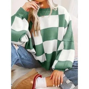 Plaid Drop Shoulder Crew Neck Sweater, Casual Color Block Long Sleeve Sweater For Fall & Winter, Women's Clothing Fabric Knitwear Womenswear Collar