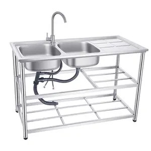 Stainless Steel Single Bowl Utility Sink Set, Commercial Restaurant Kitchen Sink, Outdoor Sink with Workbench & Storage Shelve with Hot and Cold Water Pipes tools gadgets