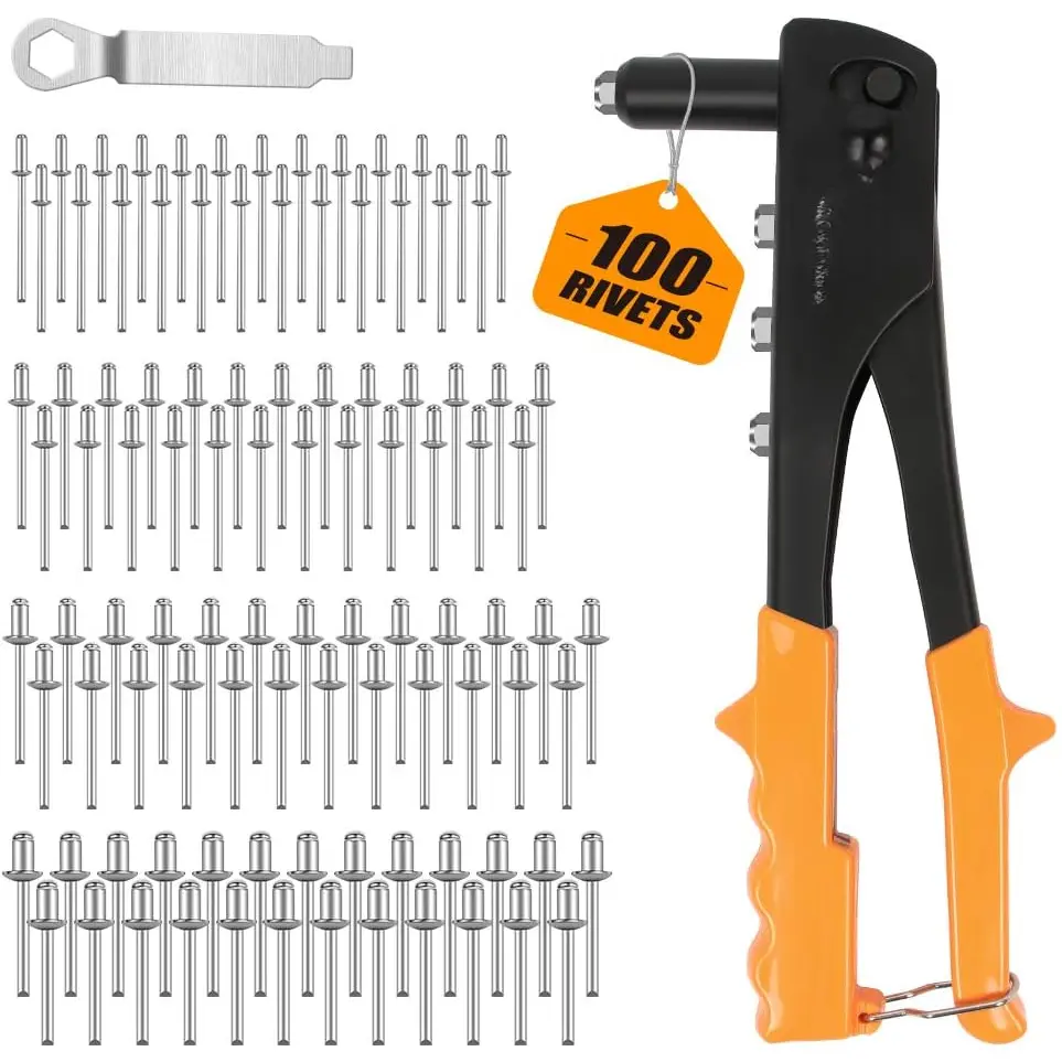 Heavy Duty Lightweight Portable Hand Riveter Hardware Tool Kit - 4 Nosepieces (3/32"-1/8"-5/32"-3/16"), 100 Synthetic Rivets, Durable for Joining Metal, Plastic