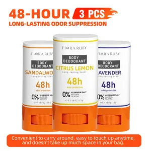 Flora Ruby 3-pack deodorant – aluminum-free, rich in botanical fragrances such as lavender, citrus lemon, and sandalwood, effectively combating odor-causing bacteria.