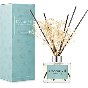 L'odeur Vill Reed Diffuser Set, 6.7 oz(200ml) Jasmine & Lily Scented Diffuser with 6 Oil Diffuser Sticks, Home Fragrance Essential Oil Reed Diffuser for Home Large Rooms Bathroom Shelf Decor