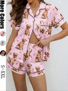 Cute Dog Print Women's Pajama Set, Pastel Cute Pajamas, Casual Vacation, Soft Shirt Collar Top & Elastic Shorts, Comfortable Home Wear