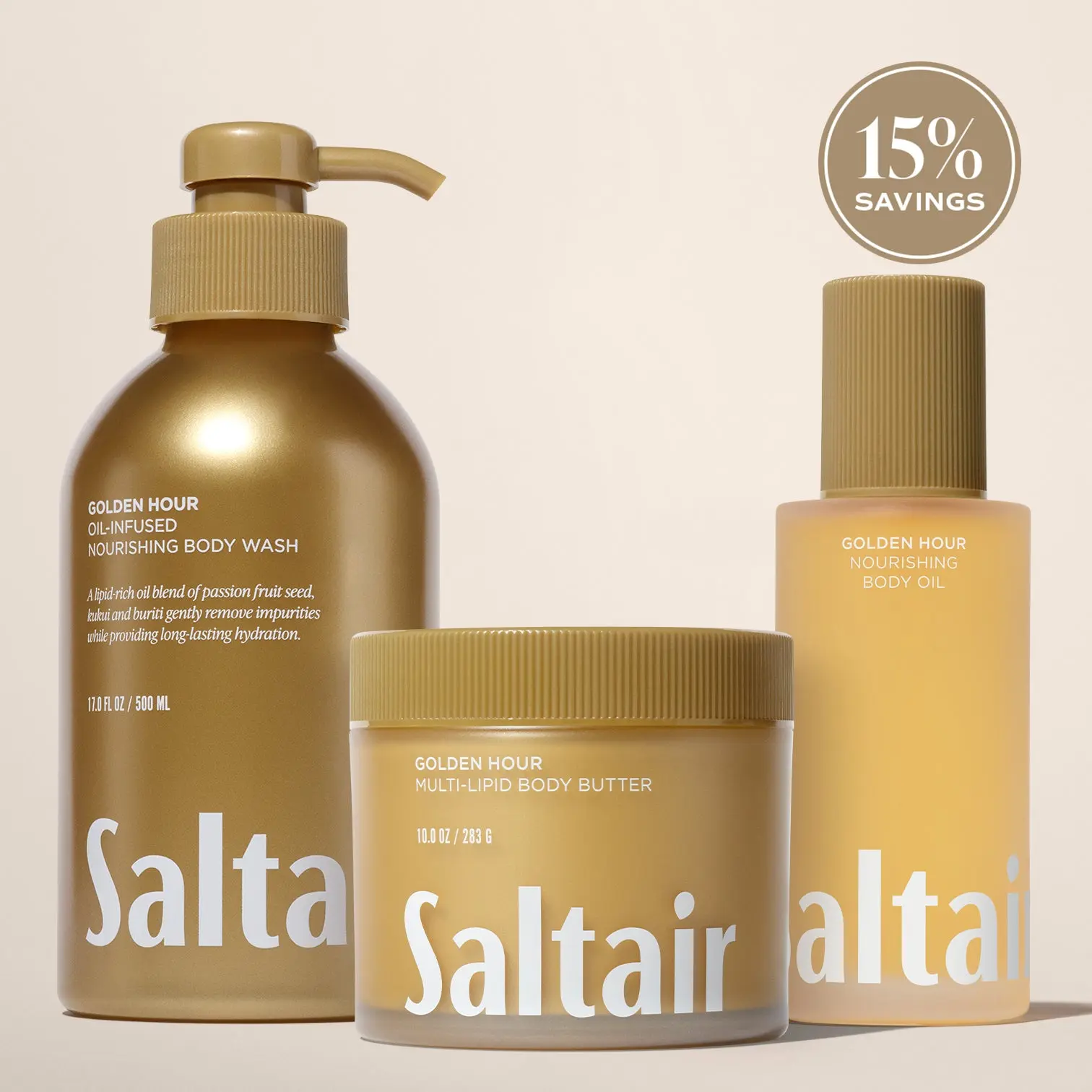 Saltair Golden Hour Body Rituals Set - Oil-Infused Body Wash (17 fl oz), Nourishing Body Oil (4 fl oz) & Multi-Lipid Body Butter (10 oz) Bundle for Soft, Glowing Skin -  Radiant Sunflower, Juicy Pineapple, Fresh Coconut