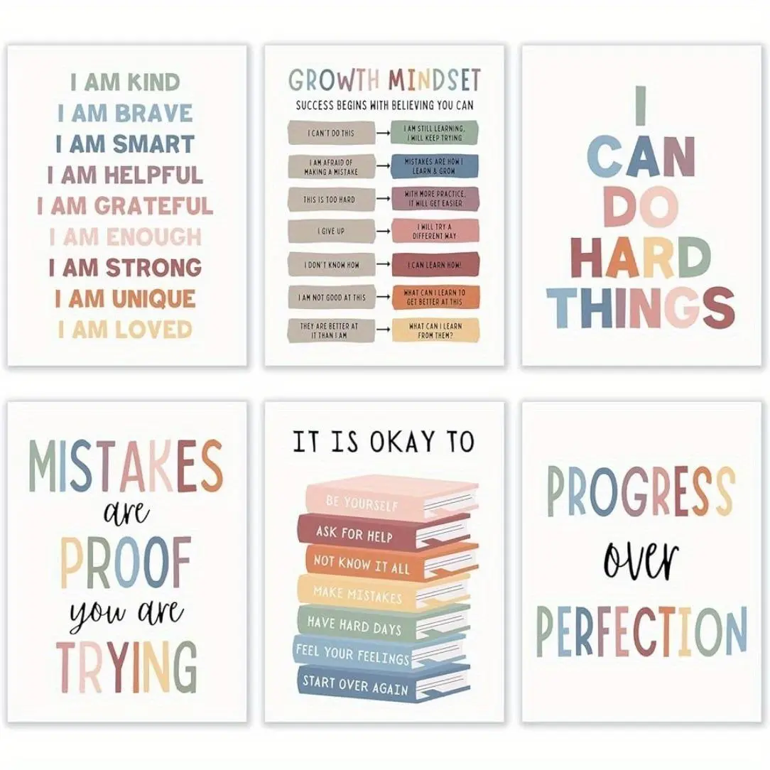 6pcs Frameless Positive Affirmations Quotes Wall Art, Artistic Growth Mindset Posters for Classroom, Office Decor, Motivational Decor, Modern Home Decoration, Kids Educational Prints 8x10 Inch, Inspirational Wall Art