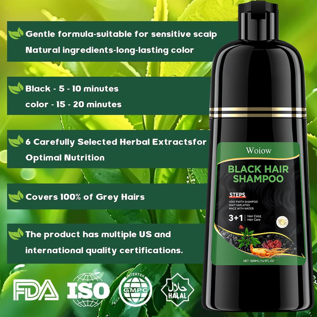 Woiow Black 3-in-1 Hair Dye Shampoo - Haircare Product with Herbal Plant Ingredients, Ginseng Extract, Gray Hair Coverage, Natural Coloring, Conditioner, Restore Function, Ideal Gift Option