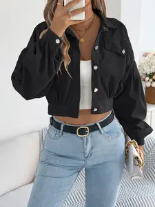 Autumn Winter Style Lantern Sleeve Long Sleeve Corduroy Solid Color Casual Fitted Short Jacket Coat Outerwear Womenswear for Women & Men