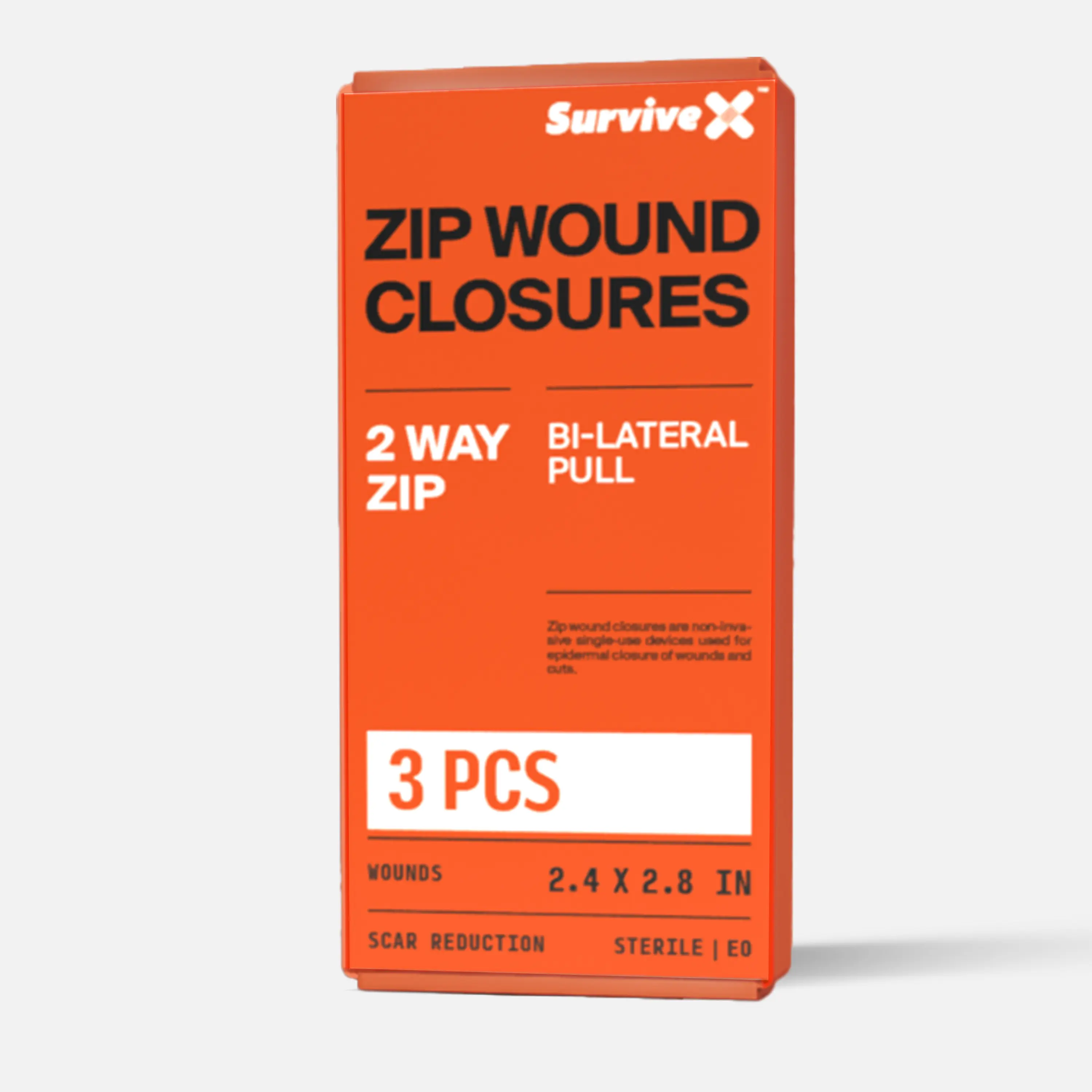 SURVIVEX Zip Wound Closure Strips - 3 PCS - Repair Wounds Without Stitches - 2 Way Zip - Bi-Lateral Pull - Sterile - 2.4 x 2.8 IN - Gentle on Skin