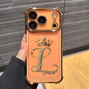 Luxurious Diamond Crown L Letter, Four Corner Anti Drop and Anti Slip TPU All Inclusive Lens Plated Phone Protection Case, Suitable for iPhone 17, 16, 15, 14, 13, 12, 11 XS X and other series models, Can be given as a gift to friends or family