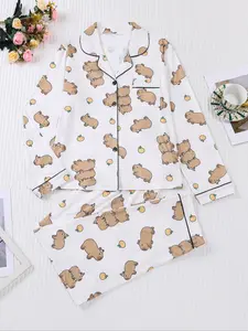 Women's 2-Piece Sleepwear Set, Alpaca Print Pajamas, Fruit Print Pajama, Long Sleeve Shirt Collar Soft Top & Elastic Pants, Casual Home Wear