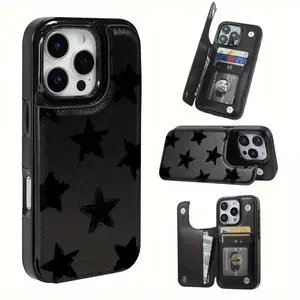 Black star-shaped phone case, made of durable TPU, includes card slots and offers various functional features, suitable for bank and transportation cards. Compatible with iPhone 17, 16, 15, 14, 13, 12, Samsung, and other series models.