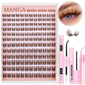 BROWN 144pcs C Curl Cartoon Eyelash Cluster Kit, Individual Eyelashes Kit, Natural Look Fine Thread DIY Lash Extension Set, DIY Eyelash Extensions with Glue Remover Tweezers Brush