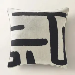 Z Gallerie Rian Dual Side Pillow 22" Reversible Design Double Sided Print Soft Yet Structured Exclusive Ivory And Black Artful Faux Linen Bold Pattern