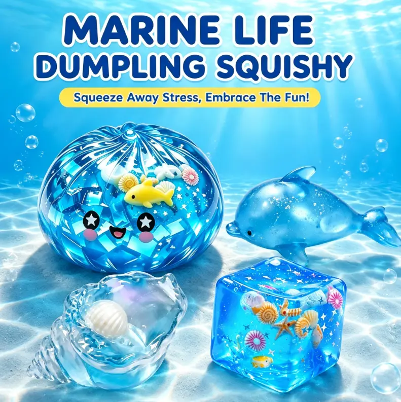 Cute Ocean Shark Shell Dumpling Squishy Toy, Glitter Soft Squeeze Fidget Toy, Portable Hand Stress Relief Toy, Perfect Party Holiday Gift for Kids & Adults