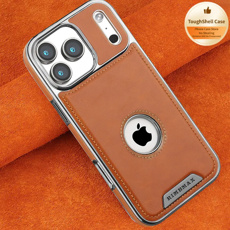 Luxury Hybrid Minimalist Business MagSafe Faux Leather Handheld Magnetic Smartphone Case - Electroplated Metal Exposed Logo, Anti-Drop Rugged Protection Accessories for iPhone 17 Pro Max/16/15/14/13