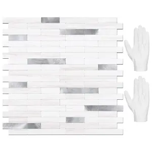 STICKGOO 10 Sheets Peel and Stick Backsplash Tile, Stick on Backsplash for Kitchen and Bathroom, Dolomite White Marble Look PVC Mixed Metal Silver Self Adhesive Wall Tiles