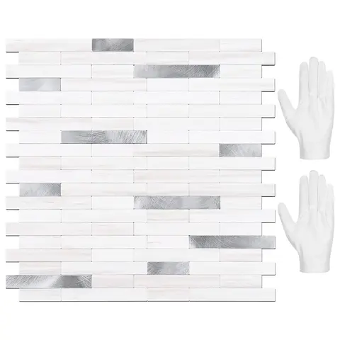 STICKGOO 10 Sheets Peel and Stick Backsplash Tile, Stick on Backsplash for Kitchen and Bathroom, Dolomite White Marble Look PVC Mixed Metal Silver Self Adhesive Wall Tiles