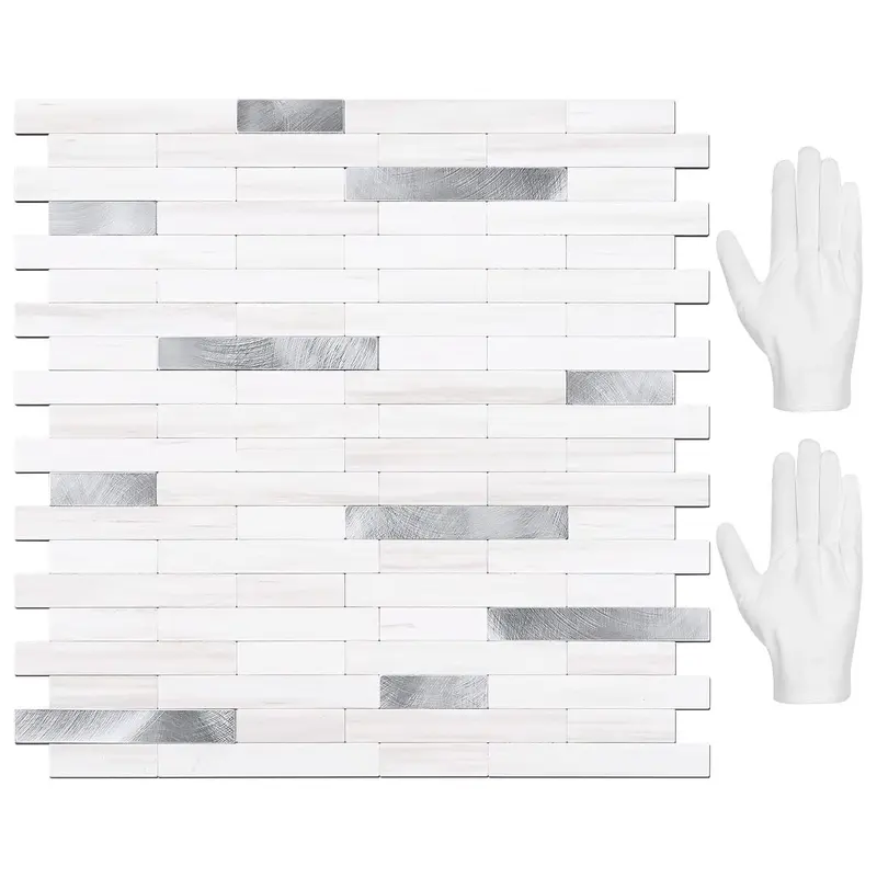 STICKGOO 10 Sheets Peel and Stick Backsplash Tile, Stick on Backsplash for Kitchen and Bathroom, Dolomite White Marble Look PVC Mixed Metal Silver Self Adhesive Wall Tiles
