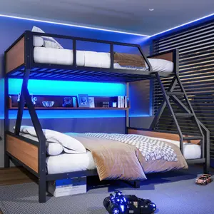 Queen Over King Metal Bunk Bed with Storage Shelves & LED Lights Space-saving Noise-free Design Black Frame Safe Guardrails Stairs Headboards Easy Assembly Tools Included