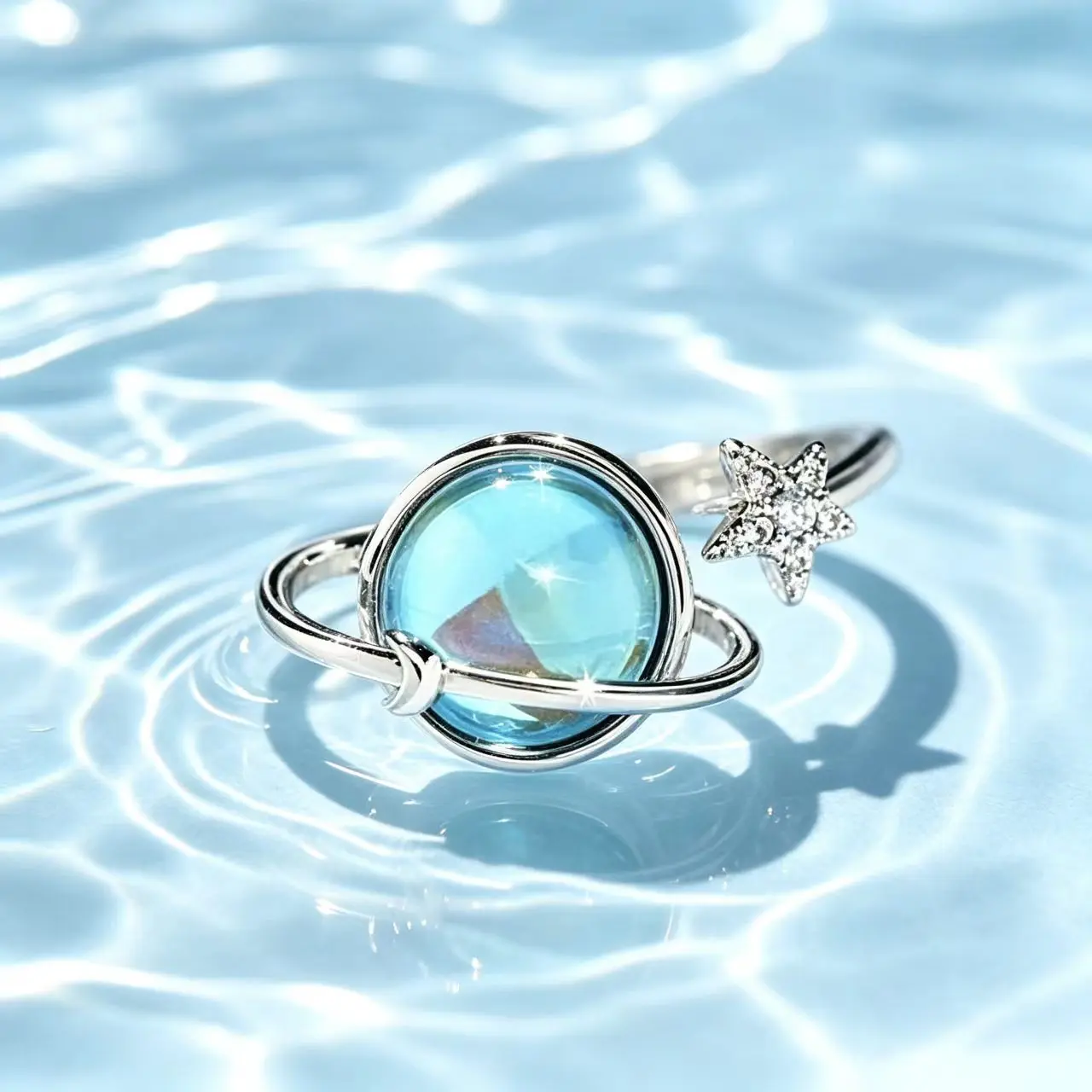 My Dear Daughter Blue Crystal Star Planet Fidget Ring, Rotatable Anxiety Relief Ring, Sentimental Inspirational Jewelry Gift for Teen Girls