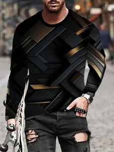 Geometric Pattern T-Shirt, Vibrant 3D Print Design, Unique New Style, Fitted, Comfortable Long Sleeve, Classic Round Neck, Ideal for Men's Casual Wear, Menswear, Streetwear