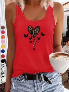 2026 Summer Creative Simple Heart Print Tank Top, Casual Sporty Sleeveless Women's Vest, Round Neck Blouse, Multiple Colors Available, Fitness Tank Top