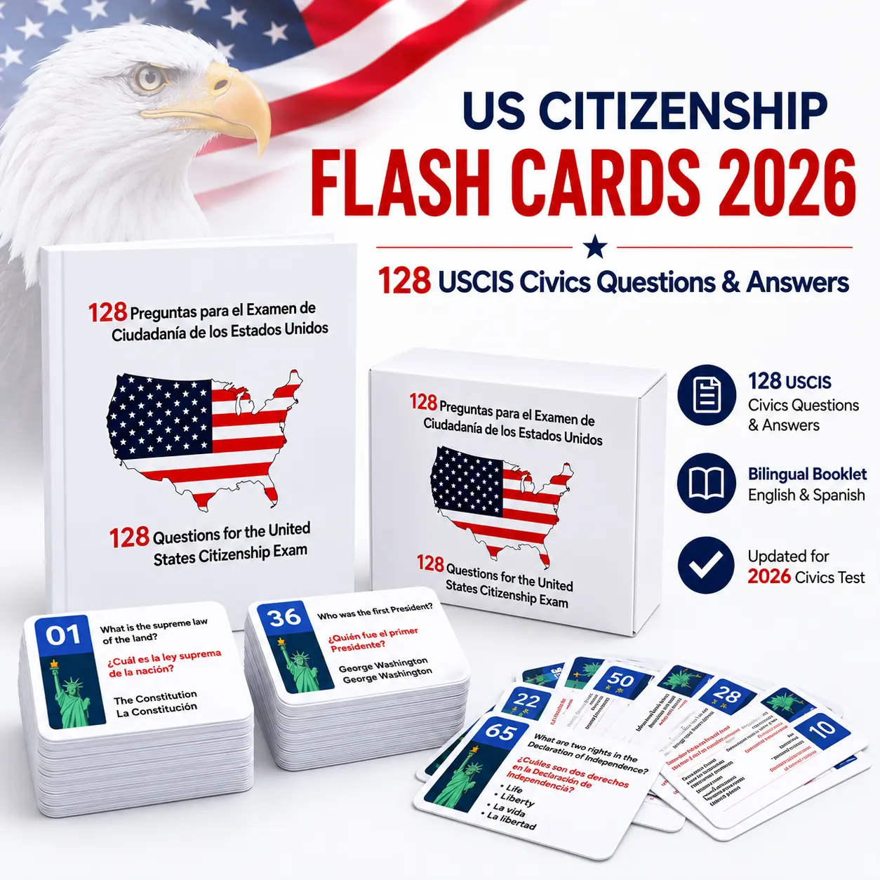 US Citizenship Flash Cards 2026 – 128 USCIS Civics Questions & Answers, Naturalization Test Prep Study Set, English & Spanish Bilingual Flash Cards with Study Booklet, Citizenship Interview Guide