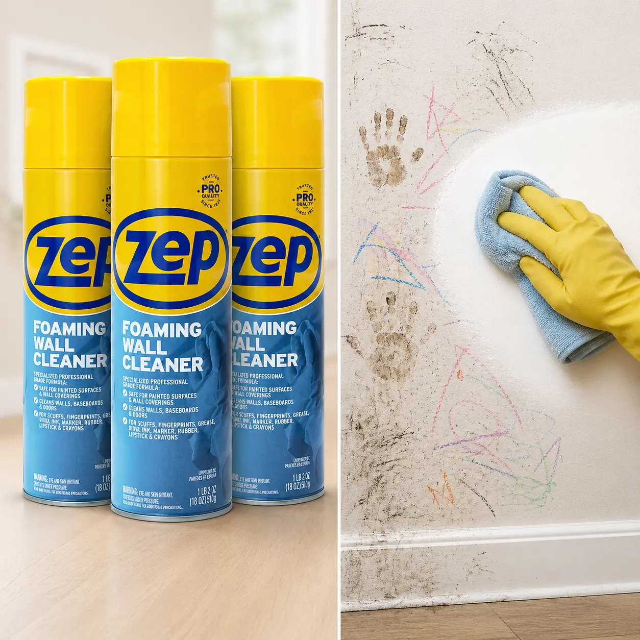 ZEP 18 oz. Foaming Wall Cleaner, Removes Scuffs Stains & Fingerprints from Painted Walls, Thick Clinging Foam No Scrubbing No Rinsing Required, Safe for Woodwork Tile Vinyl & Wall Coverings, Leaves No Residue