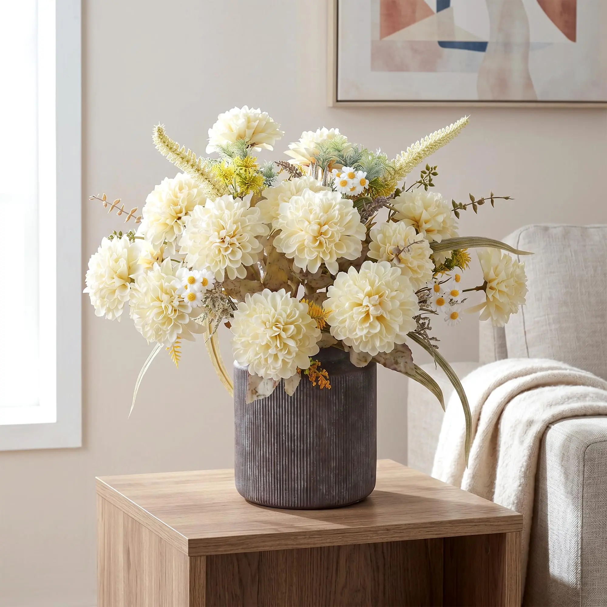 Ivydale 2-Pack Beige 10-Heads Artificial Ball Mum Bouquets, Large Silk Chrysanthemums with Stems for Vase, Glam Floral Decor for Living Room, Wardrobe, Garage Home Table Filler, Living Room Decor
