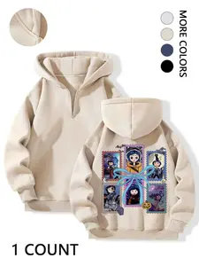 Women's "Coraline" Cartoon Graphic Half-Zip Long Sleeve Hoodie - Oversized Fleece-Lined Sweatshirt with Multiple Colors, Casual