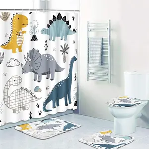 4 count Shower Curtain Sets, Cartoon Dinosaur with Non-Slip Rugs, Toilet Lid Cover and Bath Mat, for Bathroom Decor Set, 72" x 72"