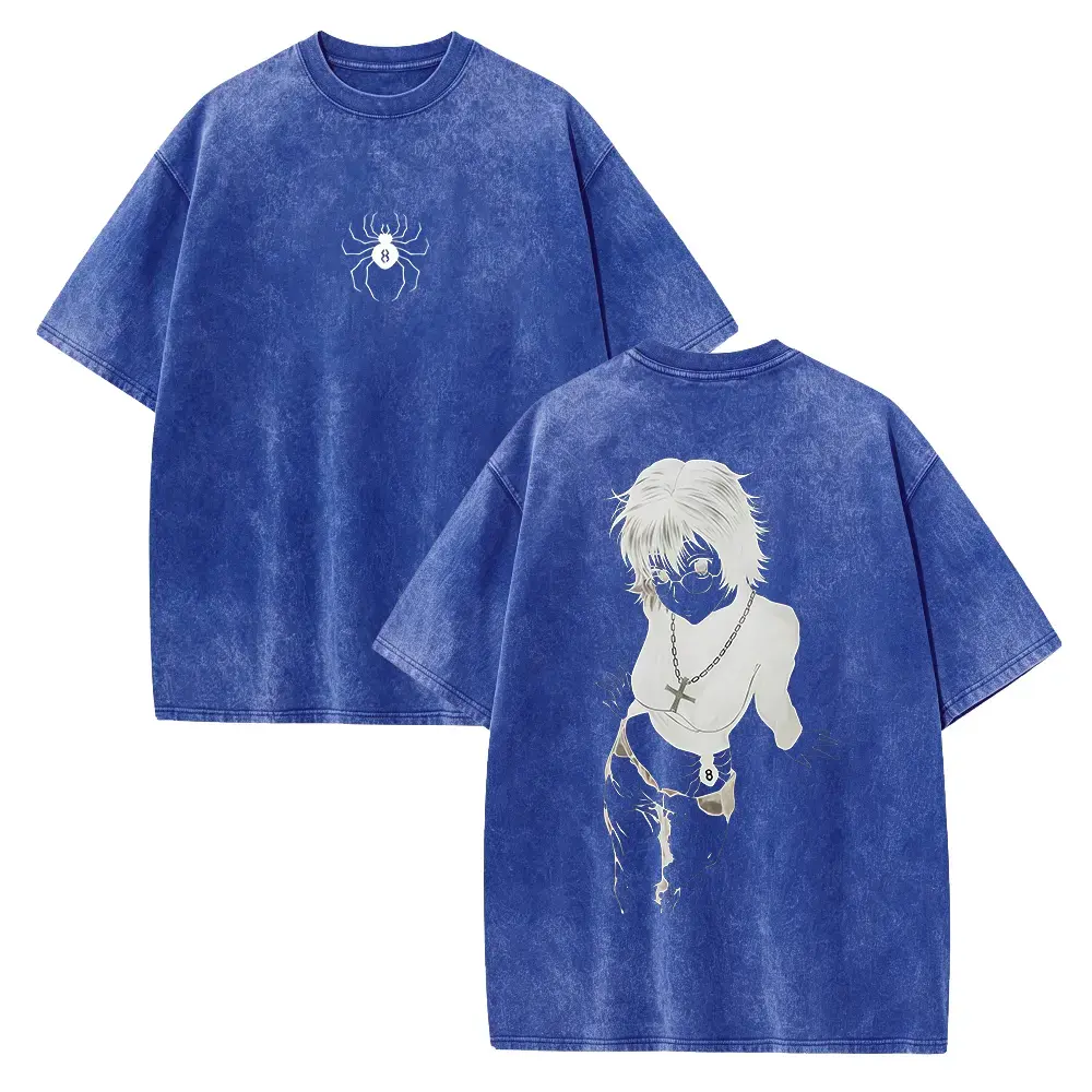 Hunter X Hunter Shizuku Print T-Shirt - Unisex Retro Vintage Washed Heavyweight 100% Cotton Short Sleeve Loose-Fitting Oversized Streetwear Top, Machine Washable, Casual Menswear for Everyday Wear with Jeans