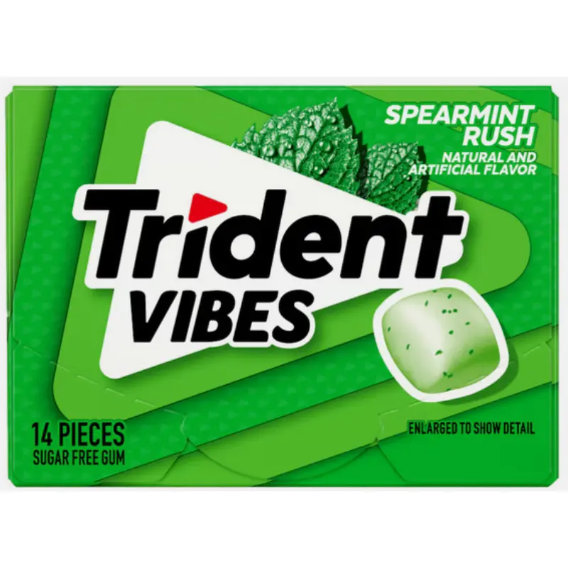 9-Pack Trident Vibes Spearmint Rush Sugar Free Chewing Gum - 14 Pieces, Contains Mint, Portable Pack, On-the-Go Freshness, Fat & Sodium Free Sweetener Snack