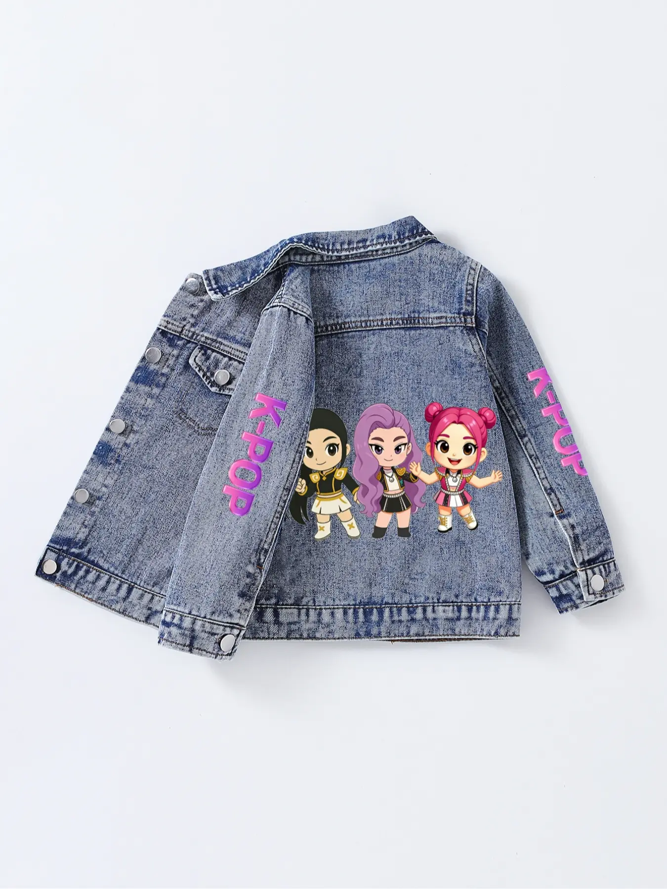 Tiktok Trendy K-Pop Cartoon Denim Jacket for Girls, Comfortable Loose-Fit All-Season Outerwear, Perfect for Dancing, Ages 1-8
