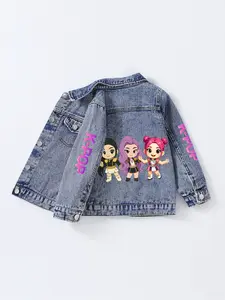 Tiktok Trendy K-Pop Cartoon Denim Jacket for Girls, Comfortable Loose-Fit All-Season Outerwear, Perfect for Dancing, Dance Ready, Ages 1-8