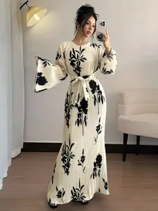 Women's Floral Print Belted Flounce Sleeve Dress, Elegant Long Sleeve Round Neck A Line Dress for Spring & Fall, Women's Clothing for Daily Wear, Boho Casual Wear