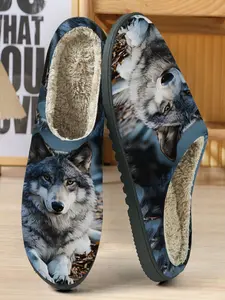Realistic Wolf Cotton Slippers, Dried Leaf Background, Cold Wolf Pattern, Fuzzy Lining, Casual Home Wear, Fall & Winter