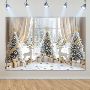 White Polyester Window Photo Backdrop with Summer Vibes, Winter Christmas Tree, Deer & Ornaments, Festive Decor Banner for Holiday Booth, Birthday Party Photo Opportunities