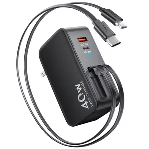 4-in-1 Retractable Wall Charger with Dual USB Ports and 90cm Lightening and Type-C Cables, 40W Fast Charging Foldable Block Compatible with ipad,iPhone 16/15, airpods,Galaxy, Pixel, and More Portable Android