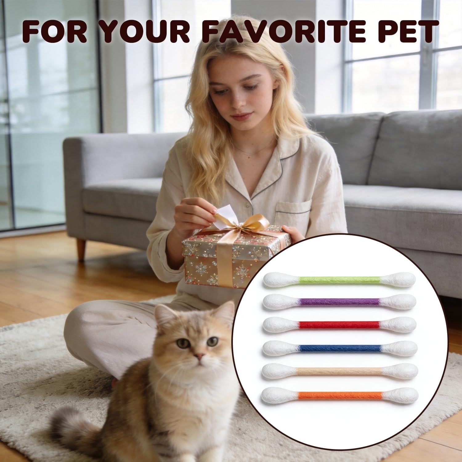 6-Pack Solid Cotton Swab Catnip Cat Toys - Giant Qtip Chew Toy, Teething Ropes, Durable Felt Kitty Kicker for Boredom Relief & Interactive Play