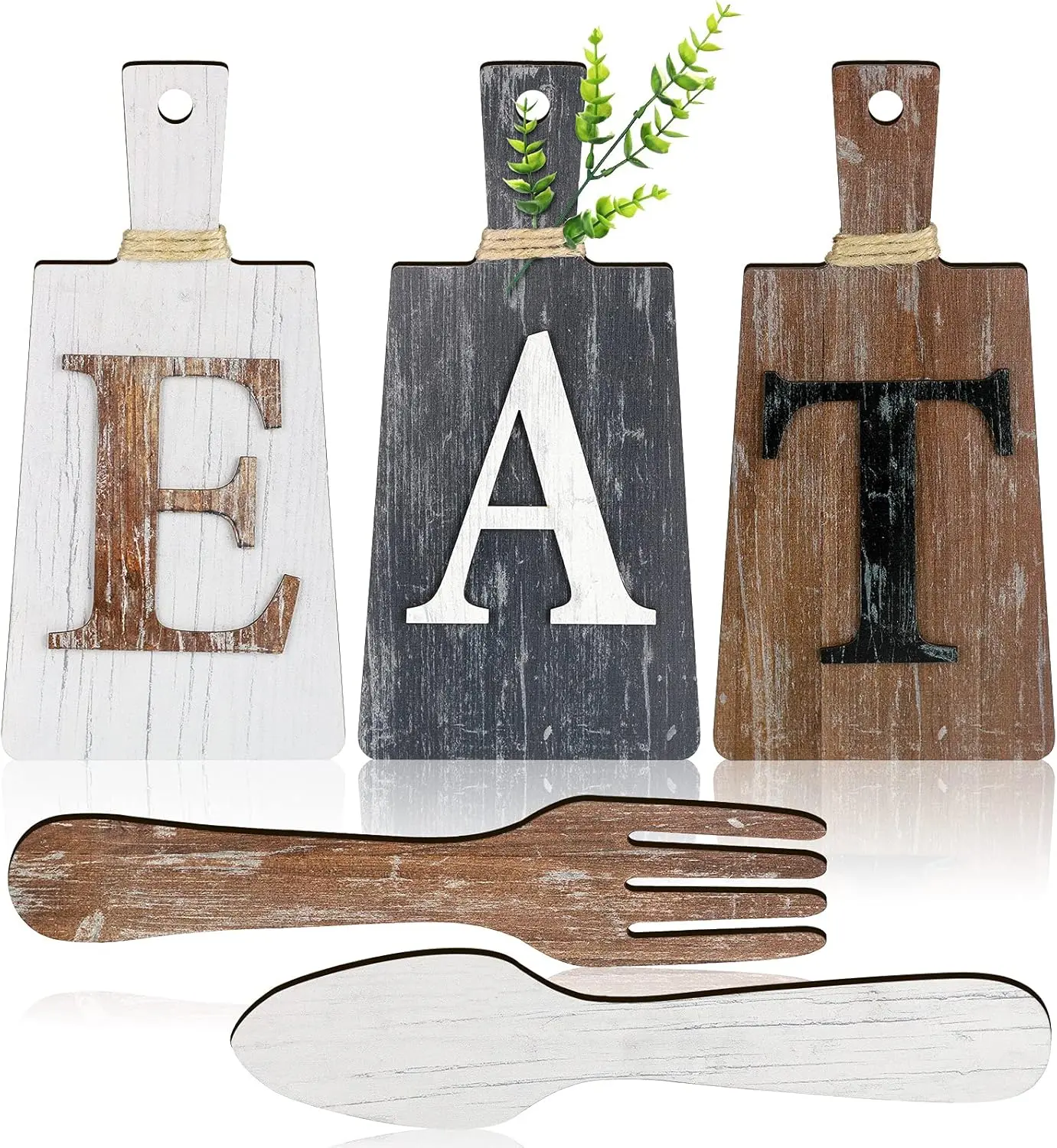 5Pcs Cutting Board Eat Sign Set Hanging Art Kitchen Eat Sign Farmhouse Fork and Spoon Wall Decor Rustic Primitive Country Kitchen Decor for Home over Cabinet Decoration(White, Grey, Dark Brown) - Home Improvement.