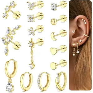 THUNARAZ 15-Piece Vintage Metal-Coating Golden & Silvery Hoop and Stud Earrings Set, Chunky Hypoallergenic Surgical Steel Copper Women's Flat-Back Earrings for Daith, Conch Piercings