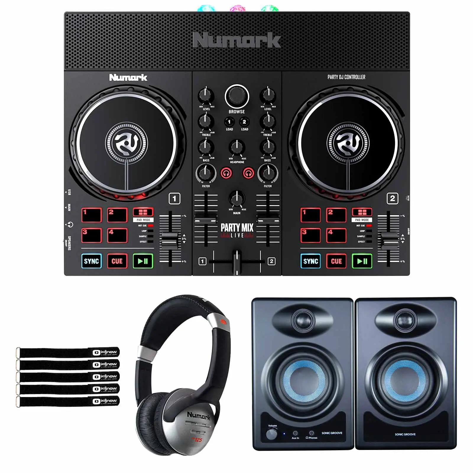 Numark Party Mix Live Built-In Light Show and Speakers DJ Controller with 3" Powered Desktop Monitor Speakers Package
